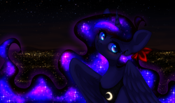 Size: 2900x1712 | Tagged: safe, artist:avrameow, imported from derpibooru, princess luna, alicorn, pony, bow, bust, chest fluff, city, cute, ethereal mane, female, hair bow, lunabetes, mare, night, sky, solo, starry mane, starry night, stars