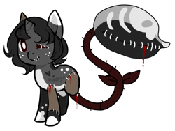 Size: 696x522 | Tagged: safe, artist:skulifuck, imported from derpibooru, oc, oc only, monster pony, original species, piranha plant pony, plant pony, amputee, augmented tail, blood, bone, frankenpony, freckles, horn, missing limb, plant, simple background, stitches, stump, transparent background