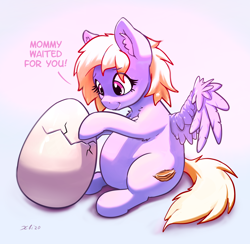 Size: 2706x2642 | Tagged: safe, artist:xbi, imported from derpibooru, oc, oc only, pegasus, pony, behaving like a bird, cute, dialogue, ear fluff, egg, female, gradient background, hatching, mare, partially open wings, pregnant, wings