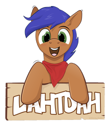 Size: 3300x3765 | Tagged: safe, artist:blazing_beams, imported from derpibooru, oc, oc only, earth pony, pony, badge, bandana, con badge, front view, happy, looking at you, male, simple background, solo, stallion, transparent background, vector