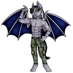 Size: 3000x3000 | Tagged: safe, artist:cinnerroll, imported from derpibooru, oc, oc only, oc:lt buster, anthro, bat pony, pony, armpits, clothes, partial nudity, simple background, solo, topless, transparent background