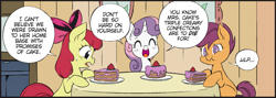 Size: 1953x696 | Tagged: safe, artist:nekoshiei, color edit, edit, editor:anonycat, imported from derpibooru, seven seas, apple bloom, scootaloo, sweetie belle, earth pony, pegasus, pony, unicorn, my little pony: the manga, bow, cake, colored, cropped, cutie mark crusaders, female, filly, food, hair bow, pun, trio