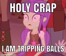 Size: 2400x2055 | Tagged: safe, edit, edited screencap, imported from derpibooru, screencap, starlight, starshine, equestria girls, rainbow rocks, caption, cropped, eco kid insults, high, implied drugs, jewelry, meme, necklace, pigtails, shrunken pupils, solo focus, tripping balls