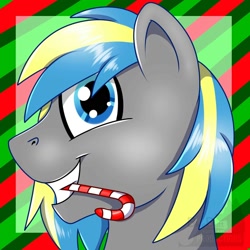 Size: 2000x2000 | Tagged: safe, artist:bluebutt, imported from derpibooru, oc, oc only, oc:fizzygreen, pony, unicorn, abstract background, candy, candy cane, christmas, food, happy, holiday, male, smiling, smiling at you, solo, stallion