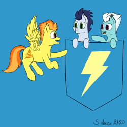 Size: 1500x1500 | Tagged: safe, artist:shoophoerse, imported from derpibooru, fleetfoot, soarin', spitfire, pegasus, pony, cute, flying, pocket, pocket ponies, shirt pocket, signature, simple background, talking, thunderbolt, tiny, tiny ponies, wonderbolts