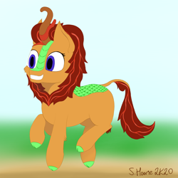 Size: 1500x1500 | Tagged: safe, artist:shoophoerse, imported from derpibooru, oc, oc only, oc:magma flow, kirin, abstract background, excited, grin, happy, happy dance, kirin day, kirin oc, scales, smiling, solo