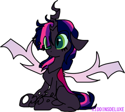 Size: 1763x1579 | Tagged: safe, artist:kiddinsdeluxe, artist:transpichu, derpibooru exclusive, imported from derpibooru, twilight sparkle, alicorn, changeling, changelingified, crooked horn, fangs, female, horn, purple changeling, species swap, spread wings, surprised, twilight sparkle (alicorn), twiling, wide eyes, wings