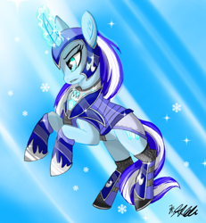 Size: 634x685 | Tagged: safe, artist:rainbowfoxxy, imported from derpibooru, unicorn, armor, blue, female, ice, magic, mare, snow