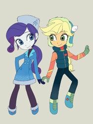 Size: 2448x3264 | Tagged: safe, artist:haibaratomoe, imported from derpibooru, applejack, rarity, equestria girls, clothes, coat, female, gray background, hat, lesbian, rarijack, shipping, simple background