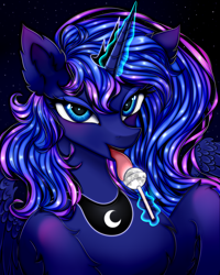 Size: 1200x1500 | Tagged: safe, artist:mite-lime, imported from derpibooru, princess luna, alicorn, pony, bust, candy, chest fluff, cute, ear fluff, female, food, leg fluff, lollipop, looking at you, lunabetes, magic, mare, portrait, solo, suggestive eating, telekinesis