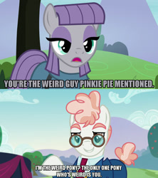 Size: 1280x1440 | Tagged: safe, anonymous editor, edit, edited screencap, editor:jaredking203, imported from derpibooru, screencap, maud pie, svengallop, earth pony, the mane attraction, the maud couple, caption, eyeshadow, female, glasses, image macro, makeup, male, mare, meme, stallion, text