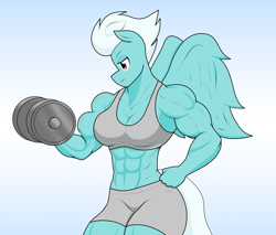 Size: 1738x1484 | Tagged: safe, artist:matchstickman, imported from derpibooru, fleetfoot, anthro, pegasus, abs, biceps, breasts, busty fleetfoot, clothes, deltoids, dumbbell (object), female, fleetflex, gradient background, gym clothes, looking sideways, mare, muscles, muscular female, pecs, solo, sports bra, weights