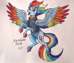 Size: 3373x2876 | Tagged: safe, artist:mesuyoru, imported from derpibooru, rainbow dash, pegasus, pony, the last problem, spoiler:s09, blue coat, colored wings, eyebrows, female, flying, happy, mare, markers, multicolored wings, older, older rainbow dash, rainbow wings, simple background, solo, traditional art, wings