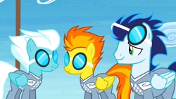 Size: 1280x720 | Tagged: safe, imported from derpibooru, screencap, fleetfoot, soarin', spitfire, pegasus, pony, rainbow falls, clothes, female, flight suit, folded wings, goggles, male, racing suit, wings