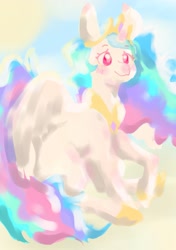 Size: 969x1380 | Tagged: safe, artist:iveory, imported from derpibooru, princess celestia, alicorn, pony, female, jewelry, mare, peytral, raised hoof, regalia, sitting, smiling, solo, spread wings, sun, three quarter view, wings