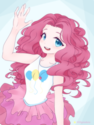 Size: 768x1024 | Tagged: safe, artist:hapinkie, imported from derpibooru, pinkie pie, human, equestria girls, equestria girls series, anime, colored pupils, cute, diapinkes, female, geode of sugar bombs, human coloration, humanized, looking at you, magical geodes, open mouth, simple background, solo, waving
