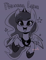 Size: 1561x2048 | Tagged: safe, artist:sakukitty, imported from derpibooru, princess luna, alicorn, pony, bust, cute, female, lunabetes, mare, monochrome, open mouth, solo, starry eyes, stars, wingding eyes