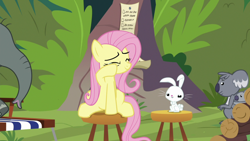 Size: 1920x1080 | Tagged: safe, imported from derpibooru, screencap, angel bunny, fluttershy, muriel, elephant, koala, pony, rabbit, she talks to angel, animal, checklist, crying, female, male, mare, stool, tears of joy, wiping tears