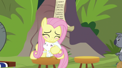 Size: 1920x1080 | Tagged: safe, imported from derpibooru, screencap, angel bunny, fluttershy, muriel, elephant, koala, pony, rabbit, she talks to angel, 1080p, animal, blush sticker, blushing, checklist, cute, eyes closed, female, male, mare, shyabetes, stool