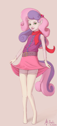 Size: 556x1214 | Tagged: safe, artist:mrstrats, imported from derpibooru, sweetie belle, anthro, unguligrade anthro, clothes, female, human facial structure, looking at you, scarf, simple background, skirt, socks, solo, thigh highs