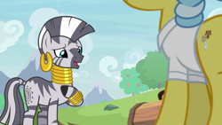 Size: 1920x1080 | Tagged: safe, imported from derpibooru, screencap, doctor fauna, zecora, earth pony, zebra, she talks to angel, beautiful, cutie mark, ear piercing, earring, female, hoof on chest, jewelry, looking at someone, mare, mohawk, neck rings, offscreen character, piercing, smiling, sweet feather sanctuary, talking