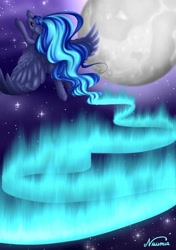 Size: 1024x1457 | Tagged: safe, artist:nuumia, imported from derpibooru, princess luna, pony, aurora borealis, female, moon, solo