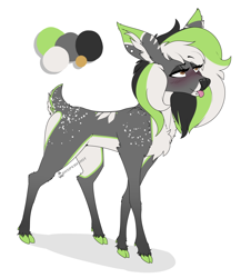 Size: 1158x1280 | Tagged: safe, artist:whisperfoot, imported from derpibooru, oc, oc only, oc:graphite sketch, deer, :p, blushing, butt freckles, chest fluff, cloven hooves, colored hooves, cute, deer nose, deer oc, deer tail, deerified, ear fluff, female, fluffy tail, freckles, lidded eyes, multicolored fur, multicolored hair, multicolored mane, multicolored tail, pale belly, piercing, reference sheet, shadow, shoulder fluff, shoulder freckles, signature, simple background, solo, species swap, tongue out, white background