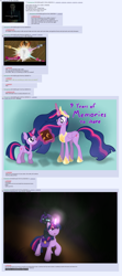 Size: 1383x3125 | Tagged: safe, artist:nitei, artist:sonicrainboom93, edit, imported from derpibooru, screencap, twilight sparkle, oc, oc:nyx, alicorn, pony, unicorn, fanfic:past sins, magical mystery cure, the last problem, spoiler:s09, /mlp/, 4chan, alicorn drama, alicorn oc, bag, blue background, book, book of harmony, crown, drama, duality, end of ponies, g-man, glowing horn, gman, half-life, half-life: alyx, horn, jewelry, magic, mlp fim's ninth anniversary, princess twilight 2.0, regalia, saddle bag, self ponidox, simple background, smiling, spoilers for another series, time paradox, twilight sparkle (alicorn), unforeseen consequences, unicorn twilight, wings