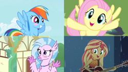 Size: 1280x720 | Tagged: safe, edit, edited screencap, imported from derpibooru, screencap, fluttershy, rainbow dash, silverstream, sunset shimmer, classical hippogriff, hippogriff, pegasus, pony, equestria girls, equestria girls series, filli vanilli, let it rain, the mysterious mare do well, uprooted, spoiler:eqg series (season 2), acoustic guitar, blushing, cute, dashabetes, diastreamies, female, guitar, musical instrument, rain, shimmerbetes, shyabetes, split screen