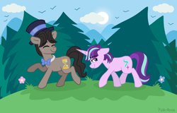 Size: 2150x1380 | Tagged: safe, artist:pink-pone, imported from derpibooru, doctor whooves, starlight glimmer, time turner, earth pony, pony, unicorn, bowtie, duo, eyes closed, female, hat, male, mare, raggedy doctor, stallion, top hat, walk, walking