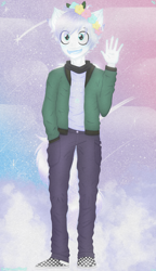 Size: 2300x4000 | Tagged: safe, artist:darkest-lunar-flower, imported from derpibooru, oc, oc:lux(pearle), alien, anthro, human, clothes, floral head wreath, flower, humanized, humanoid, jacket, space, space background, waving