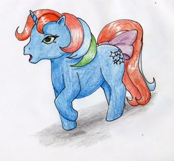 Size: 2219x2052 | Tagged: safe, artist:40kponyguy, derpibooru exclusive, imported from derpibooru, starflower, pony, unicorn, bow, female, g1, requested art, simple background, solo, tail bow, traditional art