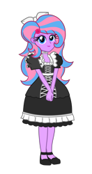 Size: 2000x3800 | Tagged: safe, artist:gabosor, derpibooru exclusive, imported from derpibooru, part of a set, oc, oc only, oc:flower blossom, equestria girls, blue eyes, bow, clothes, cute, dress, female, hair bow, headband, lipstick, lolita fashion, looking at you, maid, multicolored hair, princess princess, shoes, simple background, smiling, solo, trans female, trans girl, transgender, transparent background