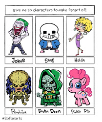 Size: 1000x1194 | Tagged: safe, artist:axureneas, imported from derpibooru, pinkie pie, earth pony, six fanarts, bone, clothes, crossover, doctor doom, female, helga pataki, hey arnold, joker, makeup, male, mare, predator, sans (undertale), skeleton, the joker, undertale