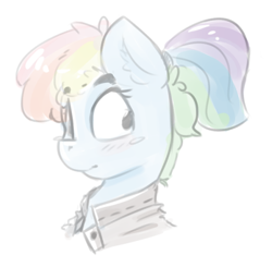 Size: 518x508 | Tagged: safe, artist:fuzzypones, imported from derpibooru, rainbow dash, pegasus, pony, alternate hairstyle, blushing, bust, clothes, female, jacket, mare, ponytail, simple background, solo, white background