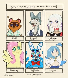 Size: 1785x2048 | Tagged: safe, artist:nightmaredraws, imported from derpibooru, fluttershy, anthro, human, pegasus, pony, raccoon, six fanarts, animal crossing, animatronic, anthro with ponies, beastars, bust, crossover, female, five nights at freddy's, legosi (beastars), male, mare, out of frame, puella magi madoka magica, smiling, tom nook, toy bonnie