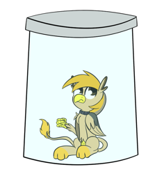 Size: 709x750 | Tagged: safe, artist:nevaylin, imported from derpibooru, oc, oc:pad, griffon, collar, griffon oc, implied cum jar, jar, lewd container meme, pony in a bottle, stuck, this will not end well, ych result