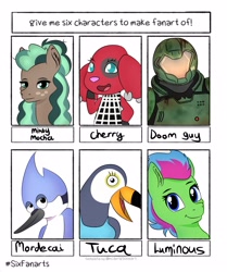 Size: 3104x3705 | Tagged: safe, artist:almond evergrow, artist:suchalmy, imported from derpibooru, minty mocha, anthro, bird, blue jay, dog, earth pony, pegasus, pony, toucan, six fanarts, animal crossing, anthro with ponies, bust, cherry (animal crossing), clothes, crossover, doom, doom guy, doomguy, female, freckles, luminous dazzle, male, mare, mordecai, regular show, smiling, solo, tuca, tuca and bertie, tuca toucan