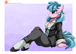 Size: 3524x2500 | Tagged: safe, artist:pridark, imported from derpibooru, oc, oc only, oc:artabana, anthro, earth pony, pony, unguligrade anthro, anthro oc, clothes, commission, female, high res, mare, pants, patreon, sitting, smiling, solo, suit