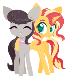 Size: 4000x4559 | Tagged: safe, artist:belka-sempai, imported from derpibooru, octavia melody, sunset shimmer, earth pony, pony, unicorn, absurd resolution, blushing, cute, duo, duo female, eyes closed, female, friendshipping, hug, mare, shimmerbetes, simple background, smiling, tavibetes, transparent background