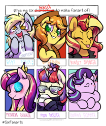 Size: 858x1024 | Tagged: safe, artist:paperbagpony, imported from derpibooru, braeburn, derpy hooves, moondancer, princess cadance, starlight glimmer, sunset shimmer, alicorn, earth pony, pegasus, pony, unicorn, six fanarts, best pony, blush sticker, blushing, braebetes, clothes, coils, colored pupils, cowboy hat, cup, cute, cutedance, dancerbetes, derpabetes, drinking, equestria girls outfit, eyes closed, eyes half closed, female, glasses, glimmerbetes, hat, horn, jewelry, lidded eyes, long glimmer, male, mare, one of these things is not like the others, regalia, shimmerbetes, six ponies, smiling, stallion, stetson, sweater, tongue out, wings