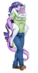 Size: 500x953 | Tagged: safe, artist:pia-sama, imported from derpibooru, rarity, spike, anthro, plantigrade anthro, adult spike, alternate hairstyle, blushing, carrying, clothes, drool, duo, eyeshadow, female, gigachad spike, high heels, legs, makeup, male, mare, miniskirt, older, older spike, piggyback ride, ponytail, shipping, skirt, sleeping, sparity, straight