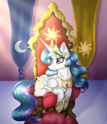 Size: 953x1100 | Tagged: safe, artist:vendy05, imported from derpibooru, princess celestia, alicorn, pony, banner, curled up, cute, cutelestia, female, mare, pillow, prone, signature, smiling, solo, throne, throne room