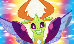 Size: 1335x796 | Tagged: safe, edit, edited screencap, imported from derpibooru, screencap, thorax, changedling, changeling, abstract background, big smile, king thorax, spread wings, wings