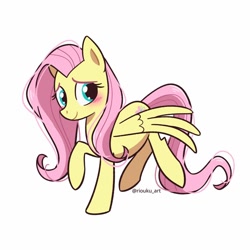 Size: 1024x1024 | Tagged: safe, artist:riouku, imported from derpibooru, fluttershy, pegasus, pony, blushing, cute, female, mare, raised hoof, shyabetes, simple background, smiling, solo, spread wings, white background, wings