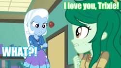 Size: 1192x670 | Tagged: safe, edit, edited screencap, imported from derpibooru, screencap, trixie, wallflower blush, equestria girls, equestria girls series, forgotten friendship, caption, crossed arms, female, image macro, lesbian, meme, shipping, text, trixie yells at everything, walltrix