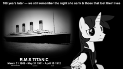 Size: 3840x2160 | Tagged: safe, artist:ejlightning007arts, imported from derpibooru, oc, oc only, oc:ej, alicorn, pony, alicorn oc, black and white, grayscale, horn, monochrome, ocean, remember, sad, ship, sitting, titanic, wings