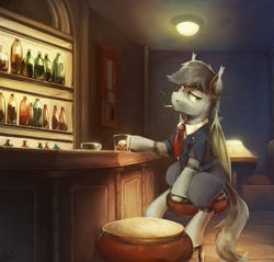 Size: 1692x1620 | Tagged: safe, artist:anticular, imported from derpibooru, oc, oc only, bat pony, pony, alcohol, bar, bar stool, cigarette, clothes, commission, looking at you, male, necktie, smoking, solo, stallion, suit