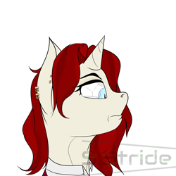 Size: 2000x2000 | Tagged: safe, artist:shade stride, imported from derpibooru, oc, oc only, oc:ruby tip, pony, unicorn, angry, augmented, bat eyes, bust, clothes, cyberpunk, female, horn, jewelry, mare, solo