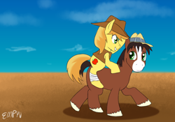 Size: 1000x700 | Tagged: safe, artist:empyu, imported from derpibooru, braeburn, trouble shoes, earth pony, horse, pony, cowboy hat, duo, hat, looking at each other, male, ponies riding ponies, pony ride, riding, riding a pony, sky, stallion, unshorn fetlocks